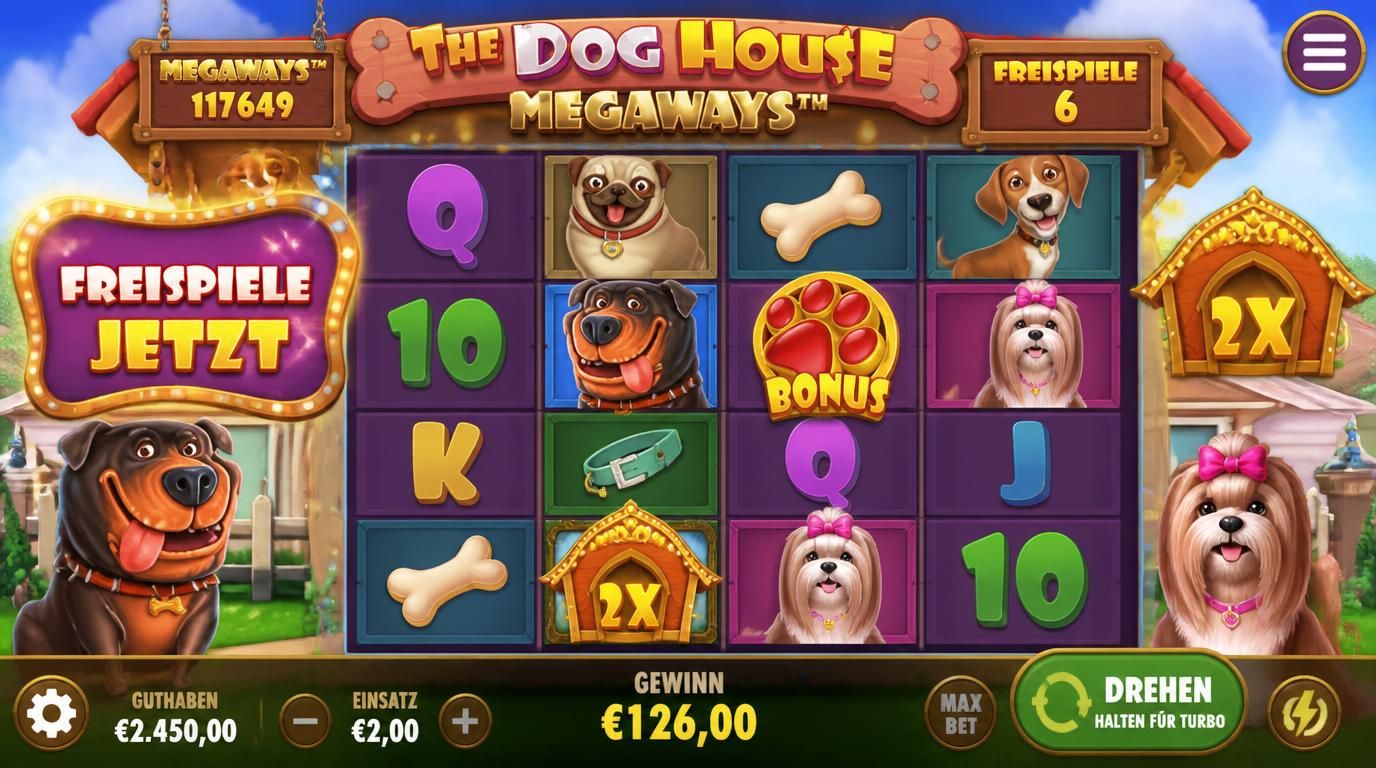  Ein glücklicher Hund vor bunten Slot-Rollen mit “Freispiele jetzt” Schriftzug 